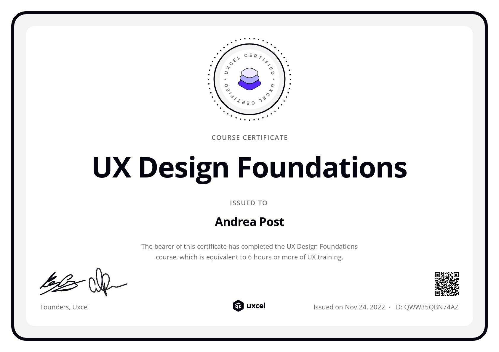 Andrea Post's certificate